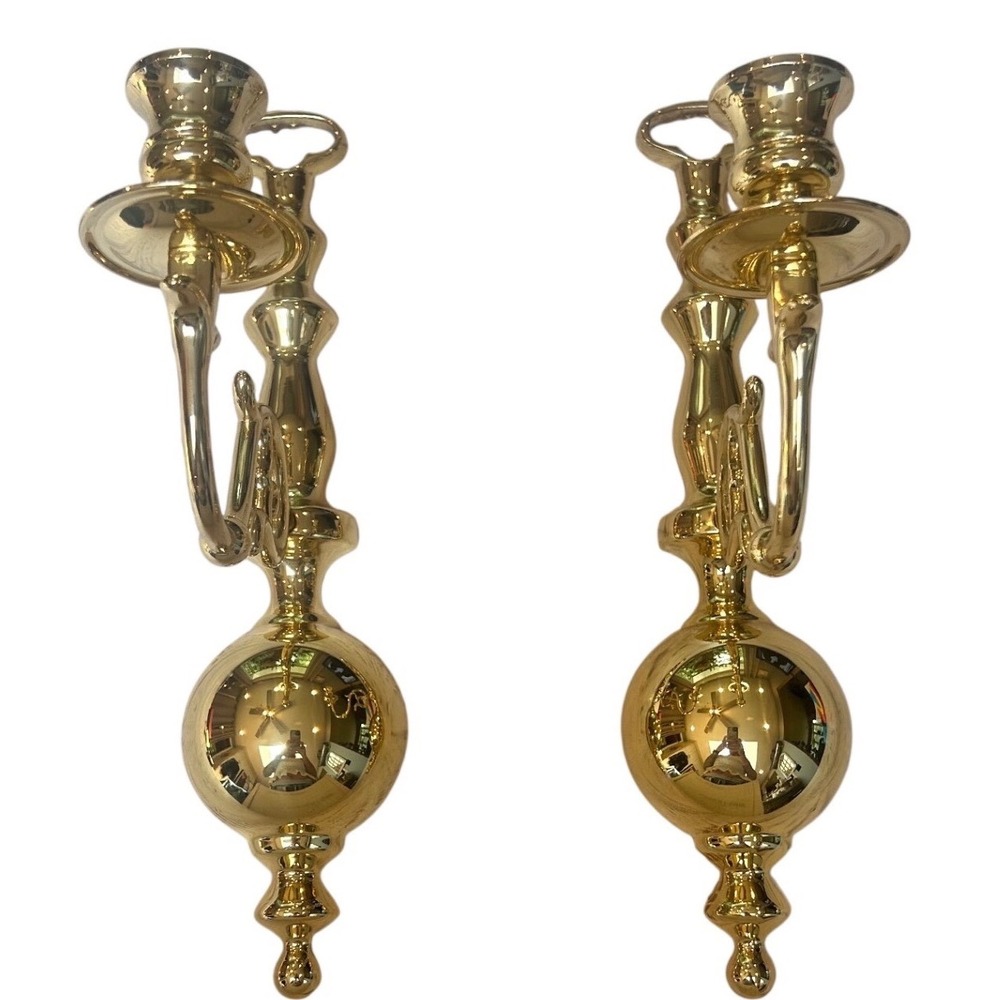 Vintage Polished Brass Wall Sconces Pair Traditional Candle Holder Set Gold